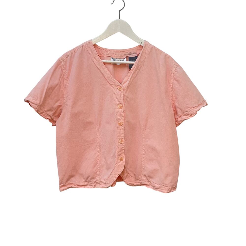 Vintage 80s Size L Pink V-Neck Button Up Back Tie Cropped Shirt by Private Party